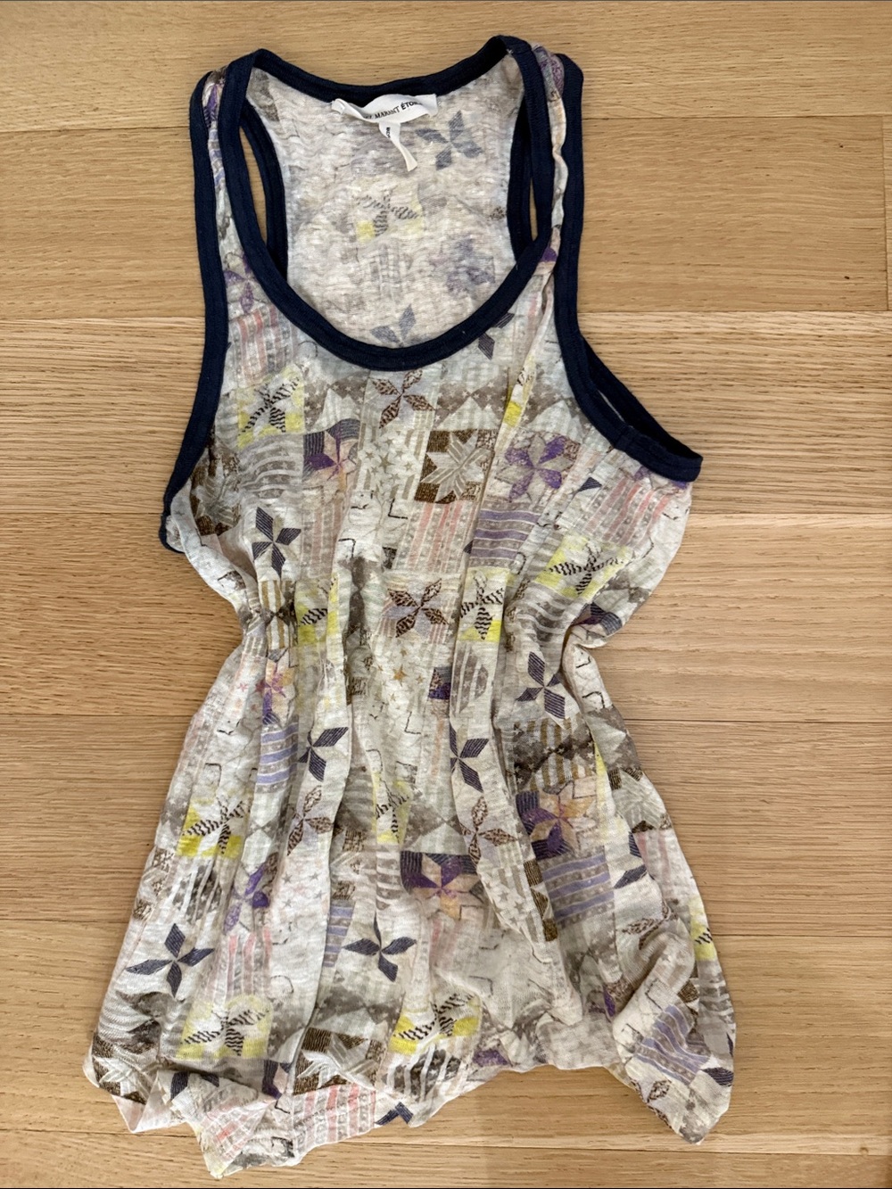 Isabel Marant Printed Racerback Tank Top in Navy Trim and Cream Floral